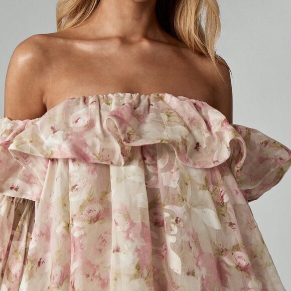 Pink Boho Women's Floral Chiffon Bardot Mini Off Shoulder Ruffle Dress - Picture 5 of 6